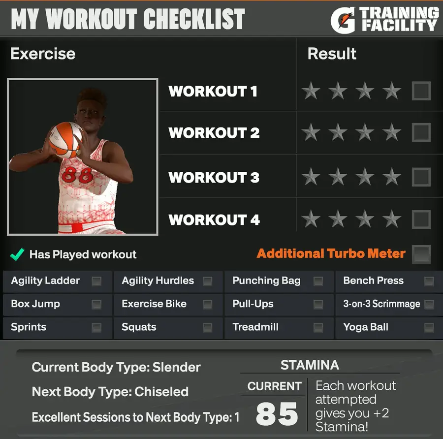NBA 2K27 My Workout Checklist showing all 12 Gatorade Training Facility workouts, current body type and stamina